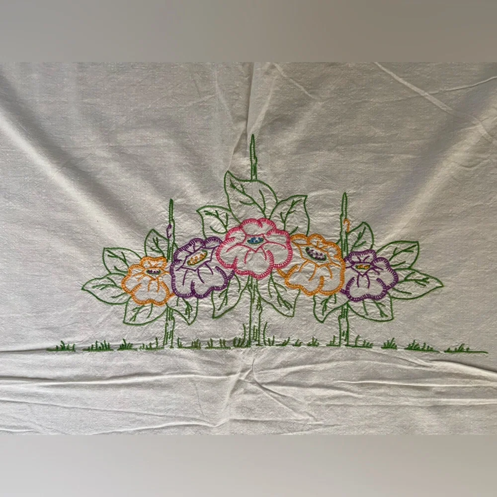 Embroidered BedSpread Tapestry Handmade Vintage Lady‎ with Flowers 74” x 85”